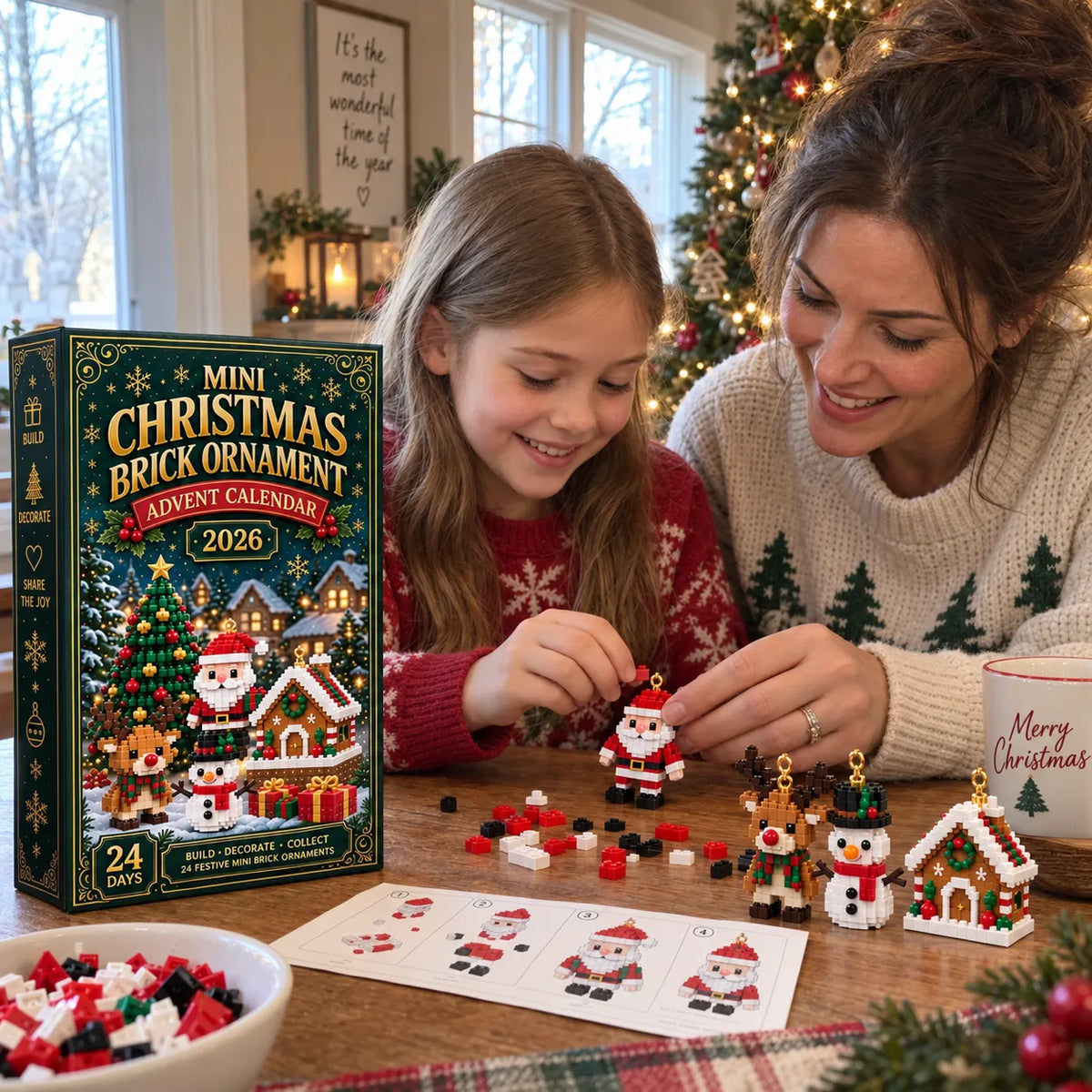 β³ Last Day 50% OFF β π24-Day Mini Christmas Brick Ornament Advent Calendar | 24 Unique Buildable Holiday Ornaments to Create, Hang & Keep π§±
