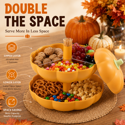 🎃 2-Tier Pumpkin Snack Tray with Lid – Fall Serving Platter for Candy, Fruit, Nuts & Holiday Parties