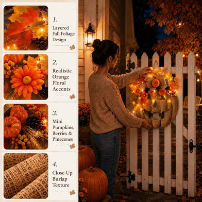 ✨ Lighted Burlap Pumpkin Wreath 🎃